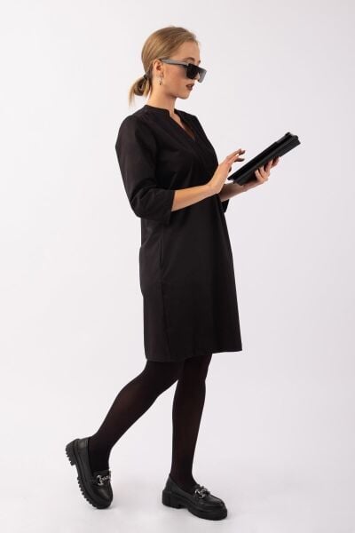 Kadın 3/4 Kol Cepli Likralı Pamuk Saten Kumaş Elbise Siyah - L