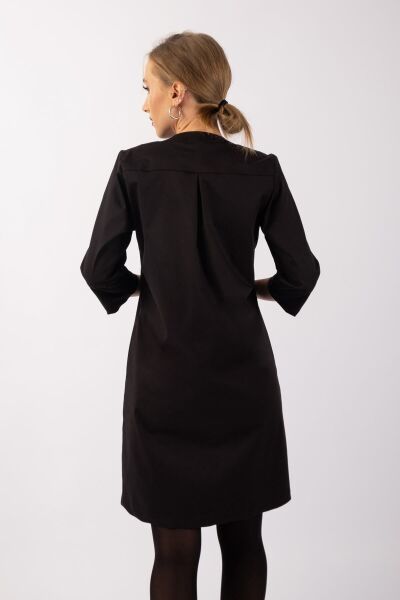 Kadın 3/4 Kol Cepli Likralı Pamuk Saten Kumaş Elbise Siyah - L