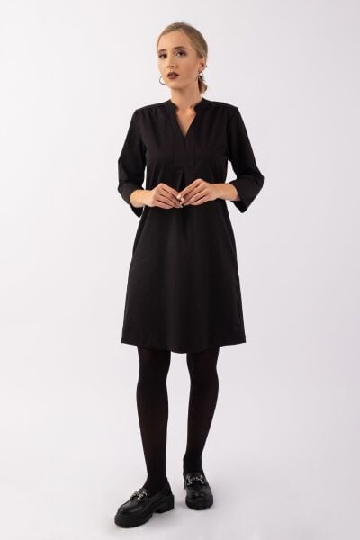 Kadın 3/4 Kol Cepli Likralı Pamuk Saten Kumaş Elbise Siyah - L