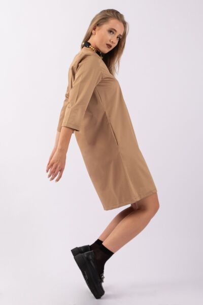 Kadın 3/4 Kol Cepli Likralı Pamuk Saten Kumaş Elbise CAMEL - XL