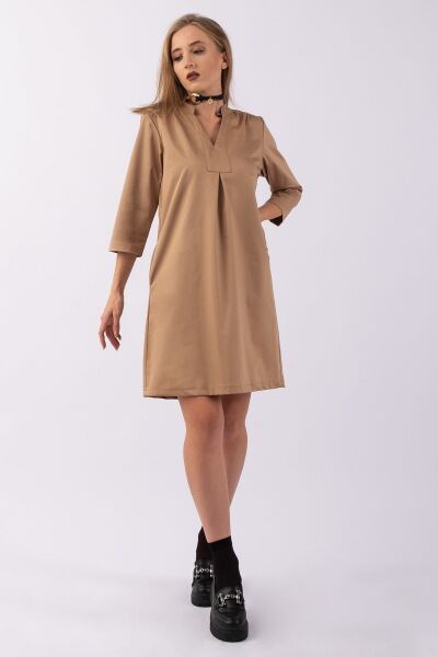 Kadın 3/4 Kol Cepli Likralı Pamuk Saten Kumaş Elbise CAMEL - XL