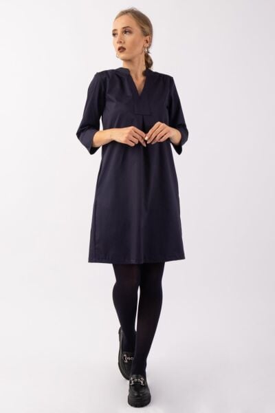 Kadın 3/4 Kol Cepli Likralı Pamuk Saten Kumaş Elbise Lacivert - L