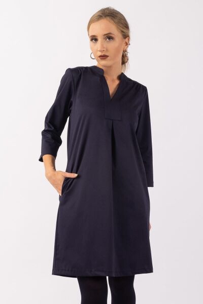 Kadın 3/4 Kol Cepli Likralı Pamuk Saten Kumaş Elbise Lacivert - L