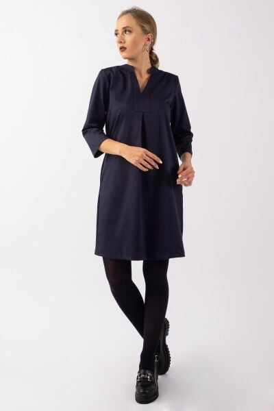 Kadın 3/4 Kol Cepli Likralı Pamuk Saten Kumaş Elbise Lacivert - L