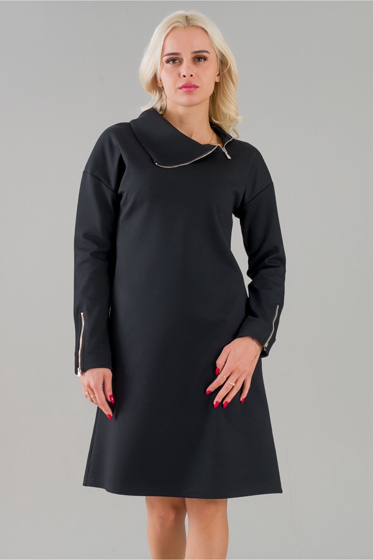 Kadın Siyah Renk Fermuarlı Şal Yaka Uzun Kollu Cepli Elbise Siyah - S