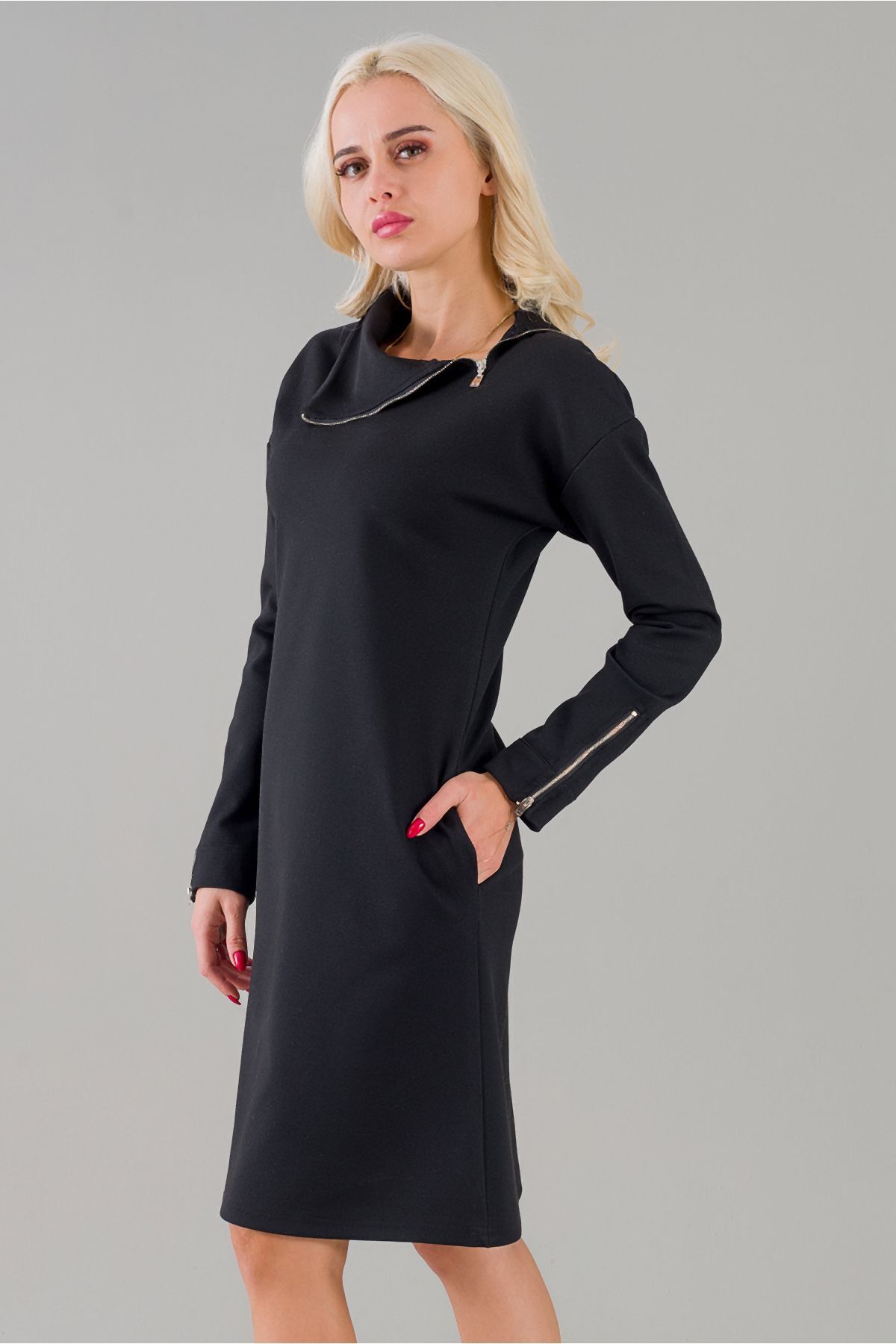 Kadın Siyah Renk Fermuarlı Şal Yaka Uzun Kollu Cepli Elbise Siyah - S