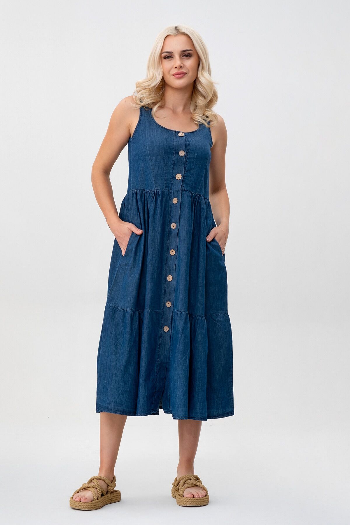 Bold & Young Kadın Cepli Büzgülü Askılı Kare Yaka Düğmeli Elbise 3XL - indigo