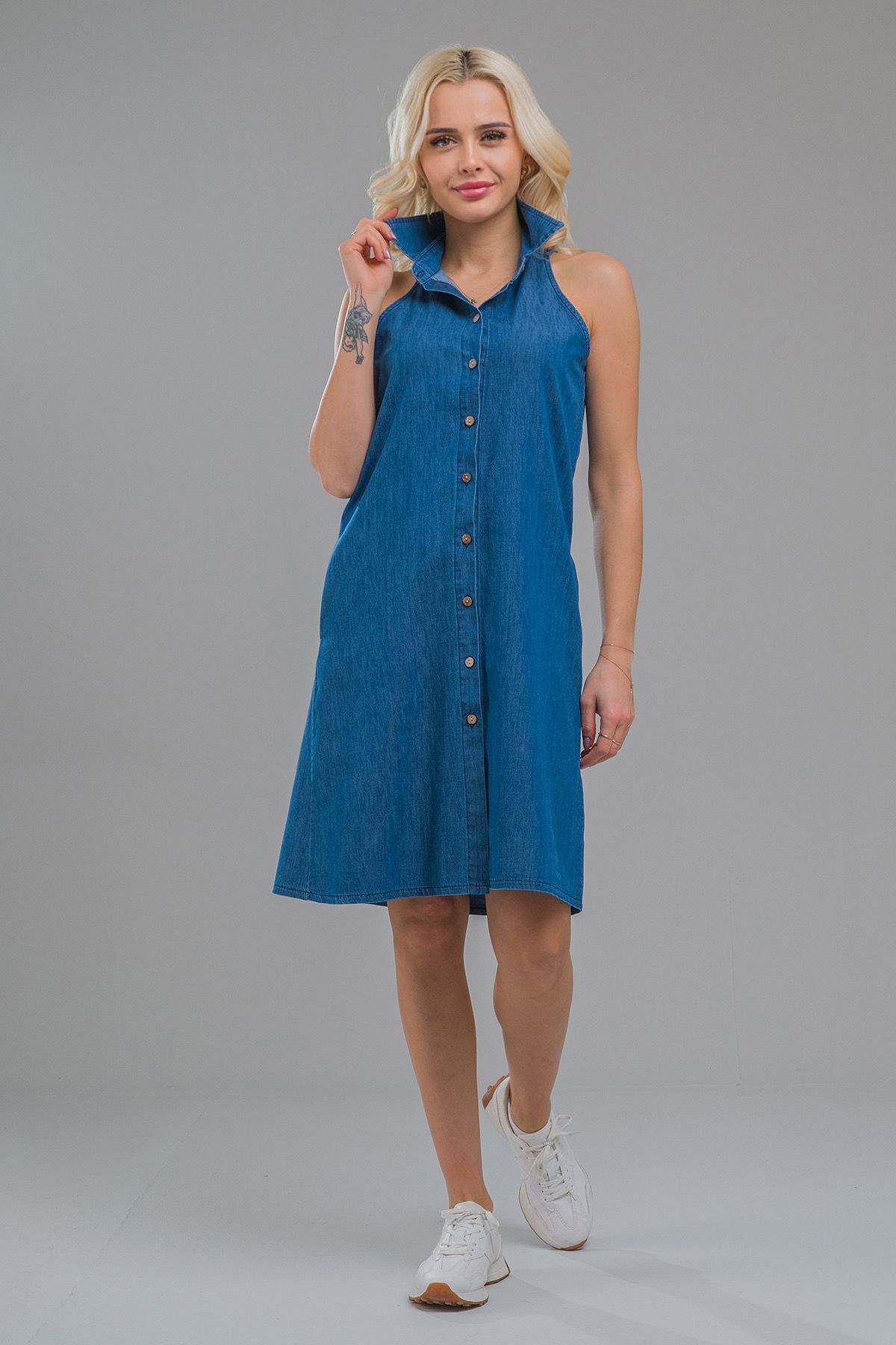 Kadın Indigo  Kolsuz  Cepli Ince Kot Gömlek Elbise indigo koyu mavi - M