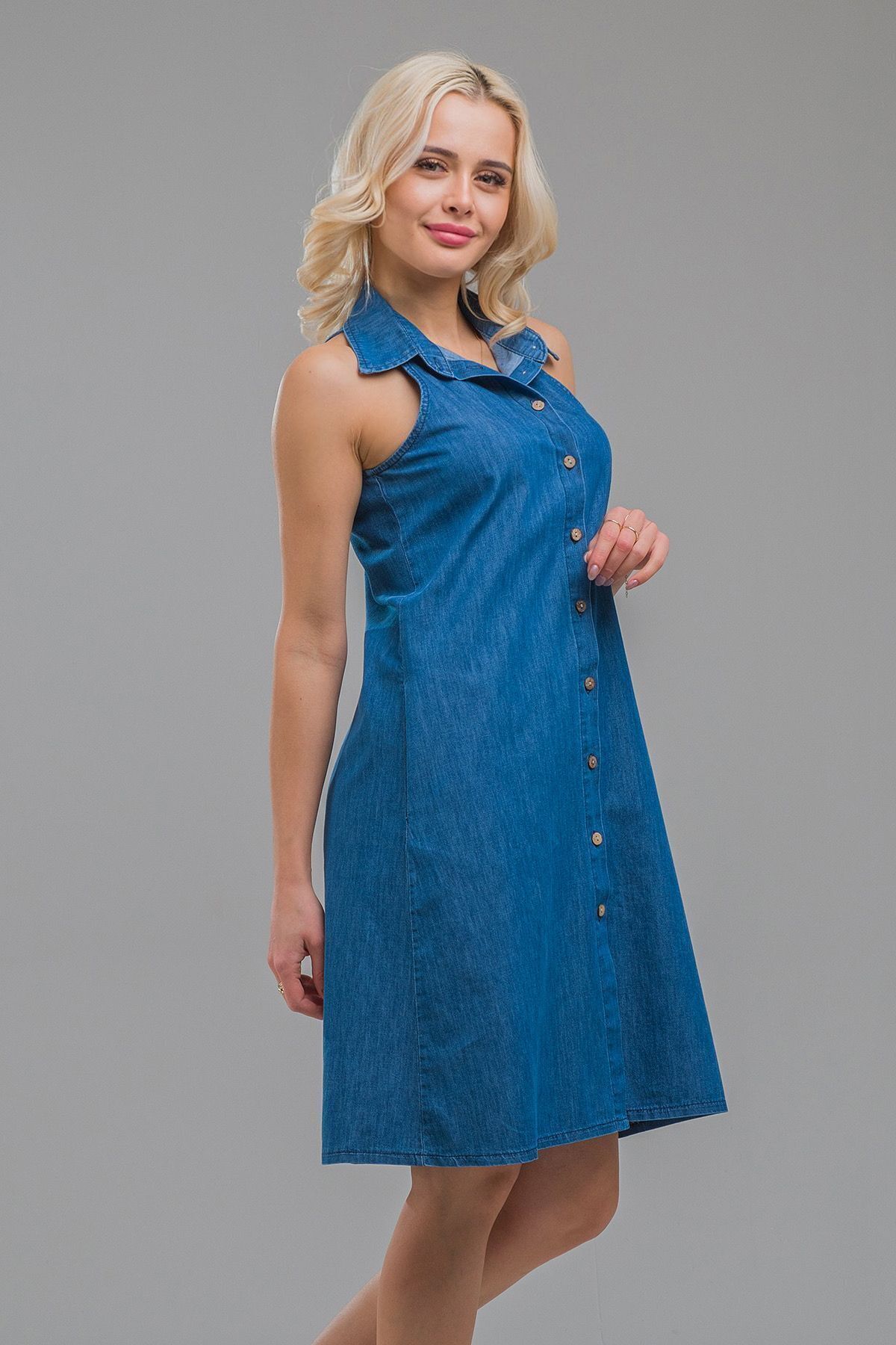 Kadın Indigo  Kolsuz  Cepli Ince Kot Gömlek Elbise indigo koyu mavi - M
