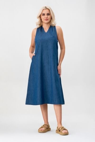 Bold & Young Kadın V Yakalı Cepli Pamuklu  Kumaş Elbise XL - indigo