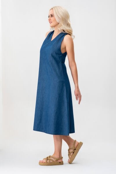 Bold & Young Kadın V Yakalı Cepli Pamuklu  Kumaş Elbise XL - indigo