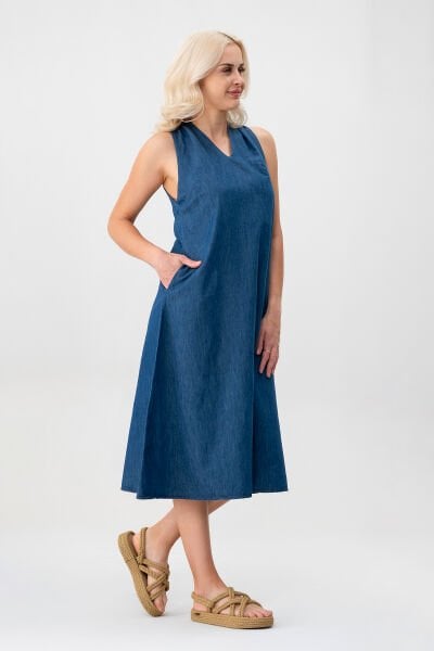 Bold & Young Kadın V Yakalı Cepli Pamuklu  Kumaş Elbise XL - indigo