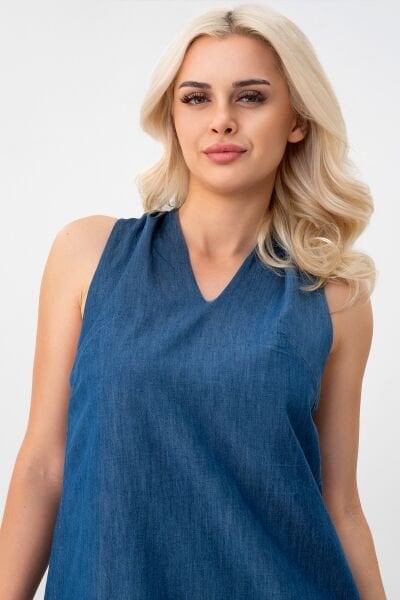 Bold & Young Kadın V Yakalı Cepli Pamuklu  Kumaş Elbise XL - indigo