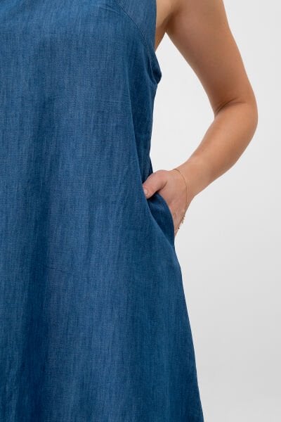 Bold & Young Kadın V Yakalı Cepli Pamuklu  Kumaş Elbise XL - indigo