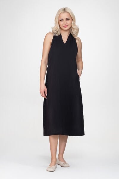 Bold & Young Kadın V Yakalı Cepli Pamuklu  Kumaş Elbise S - Siyah