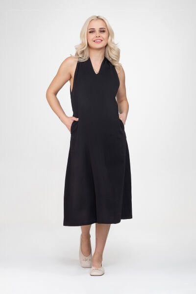 Bold & Young Kadın V Yakalı Cepli Pamuklu  Kumaş Elbise S - Siyah