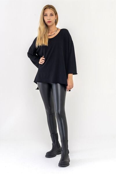 Kadın Siyah Renk İçi Şardonlu Likralı Suni Deri Toparlayıcı Tayt Siyah - S