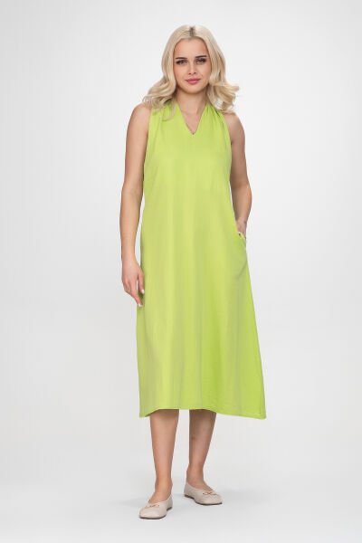 Bold & Young Kadın V Yakalı Cepli Pamuklu  Kumaş Elbise S - Lime yeşil