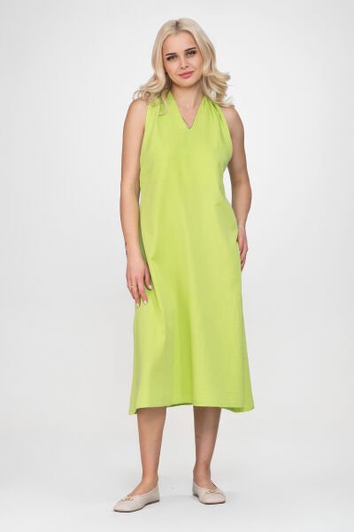 Bold & Young Kadın V Yakalı Cepli Pamuklu  Kumaş Elbise S - Lime yeşil