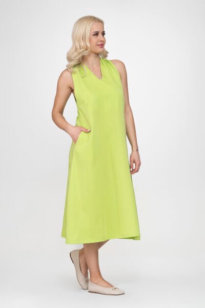 Bold & Young Kadın V Yakalı Cepli Pamuklu  Kumaş Elbise S - Lime yeşil