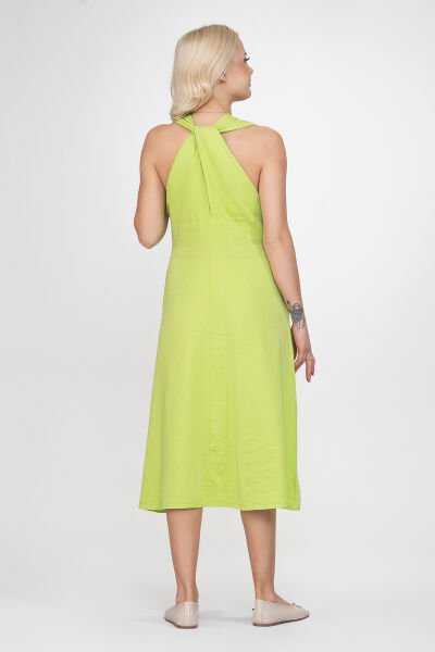 Bold & Young Kadın V Yakalı Cepli Pamuklu  Kumaş Elbise S - Lime yeşil