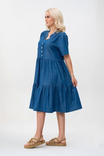 Bold & Young Kadın Cepli Kısa Kollu Yarım Pat Düğmeli Büzgülü Pamuklu Elbise L - İNDİGO LACİVERT