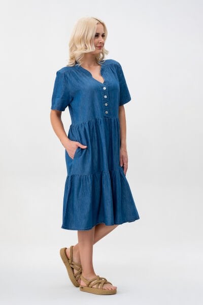 Bold & Young Kadın Cepli Kısa Kollu Yarım Pat Düğmeli Büzgülü Pamuklu Elbise L - İNDİGO LACİVERT