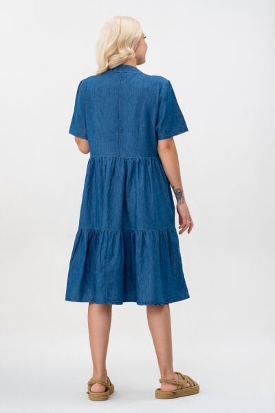 Bold & Young Kadın Cepli Kısa Kollu Yarım Pat Düğmeli Büzgülü Pamuklu Elbise L - İNDİGO LACİVERT