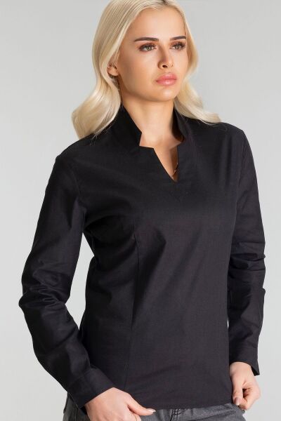 Kadın Yanda Fermuar Detaylı V Yakalı Pensli Likralı Pamuklu Kumaş Tunik Siyah - M