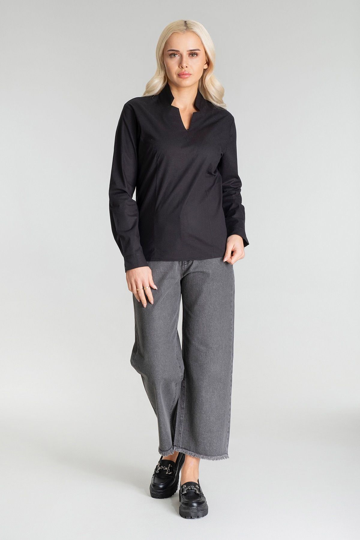 Kadın Yanda Fermuar Detaylı V Yakalı Pensli Likralı Pamuklu Kumaş Tunik Siyah - M