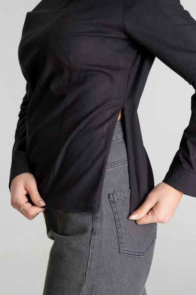 Kadın Yanda Fermuar Detaylı V Yakalı Pensli Likralı Pamuklu Kumaş Tunik Siyah - M