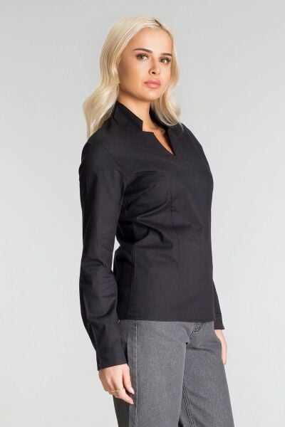 Kadın Yanda Fermuar Detaylı V Yakalı Pensli Likralı Pamuklu Kumaş Tunik Siyah - M