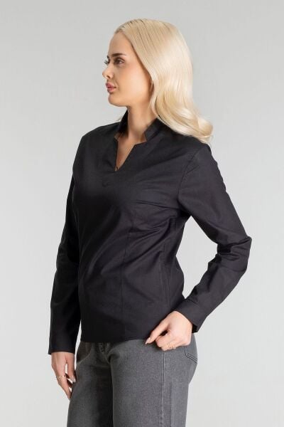 Kadın Yanda Fermuar Detaylı V Yakalı Pensli Likralı Pamuklu Kumaş Tunik Siyah - M