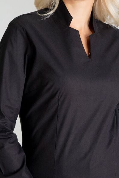 Kadın Yanda Fermuar Detaylı V Yakalı Pensli Likralı Pamuklu Kumaş Tunik Siyah - M