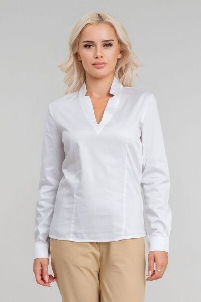 Kadın Yanda Fermuar Detaylı V Yakalı Pensli Likralı Pamuklu Kumaş Tunik Beyaz - L