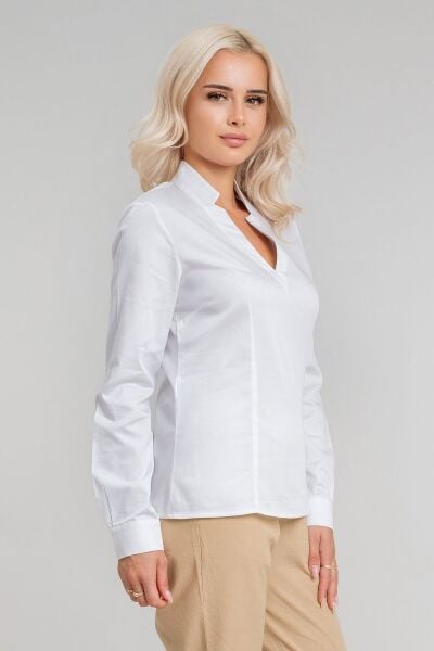 Kadın Yanda Fermuar Detaylı V Yakalı Pensli Likralı Pamuklu Kumaş Tunik Beyaz - L