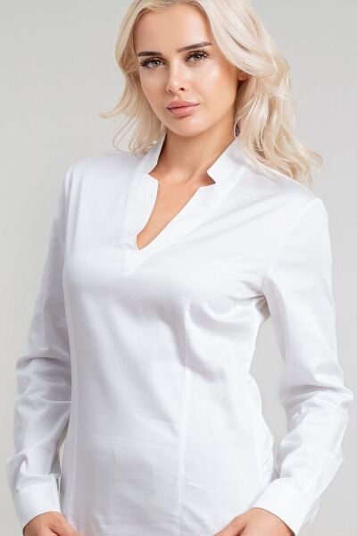 Kadın Yanda Fermuar Detaylı V Yakalı Pensli Likralı Pamuklu Kumaş Tunik Beyaz - L