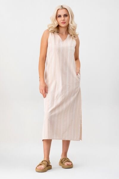 Bold & Young Çizgili Kolsuz Yazlık Cepli Elbise BEJ - XXXL