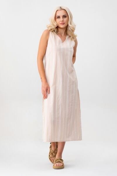 Bold & Young Çizgili Kolsuz Yazlık Cepli Elbise BEJ - XXXL