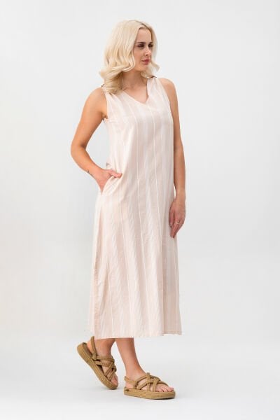 Bold & Young Çizgili Kolsuz Yazlık Cepli Elbise BEJ - XXXL