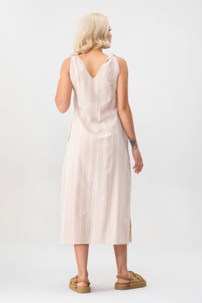 Bold & Young Çizgili Kolsuz Yazlık Cepli Elbise BEJ - XXXL