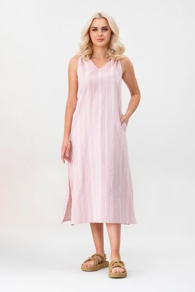 Bold & Young Çizgili Kolsuz Yazlık Cepli Elbise Pudra - XXXL