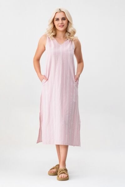 Bold & Young Çizgili Kolsuz Yazlık Cepli Elbise Pudra - XXXL