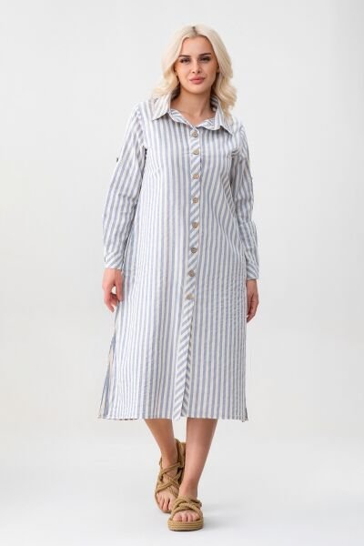 BOLD & YOUNG Kadın Cepli Çizgili Pamuklu Düğmeli Yırtmaçlı Gömlek Elbise mavi ekru çizgili - XXL