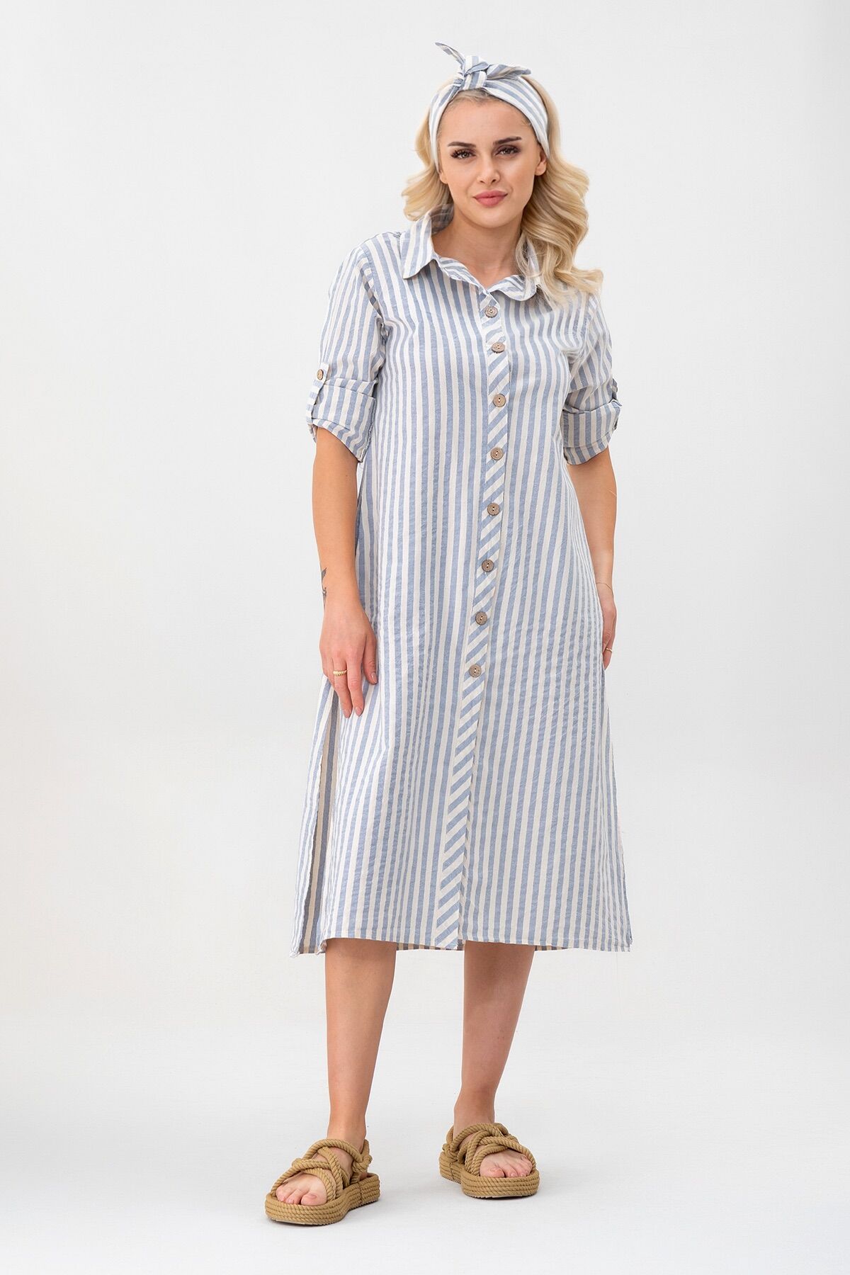 BOLD & YOUNG Kadın Cepli Çizgili Pamuklu Düğmeli Yırtmaçlı Gömlek Elbise mavi ekru çizgili - XXL