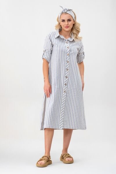 BOLD & YOUNG Kadın Cepli Çizgili Pamuklu Düğmeli Yırtmaçlı Gömlek Elbise mavi ekru çizgili - XXL