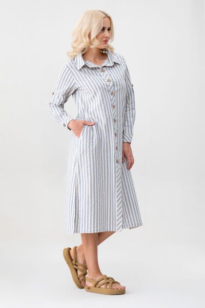 BOLD & YOUNG Kadın Cepli Çizgili Pamuklu Düğmeli Yırtmaçlı Gömlek Elbise mavi ekru çizgili - XXL