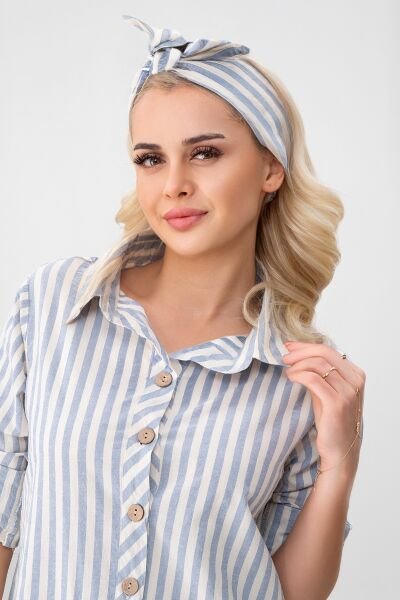 BOLD & YOUNG Kadın Cepli Çizgili Pamuklu Düğmeli Yırtmaçlı Gömlek Elbise mavi ekru çizgili - XXL