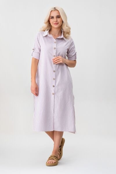 BOLD & YOUNG Kadın Cepli Çizgili Pamuklu Düğmeli Yırtmaçlı Gömlek Elbise 3XL - lila ekru çizgili