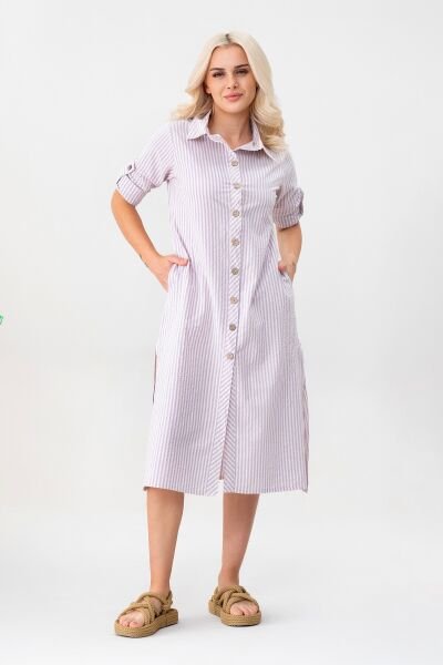 BOLD & YOUNG Kadın Cepli Çizgili Pamuklu Düğmeli Yırtmaçlı Gömlek Elbise 3XL - lila ekru çizgili